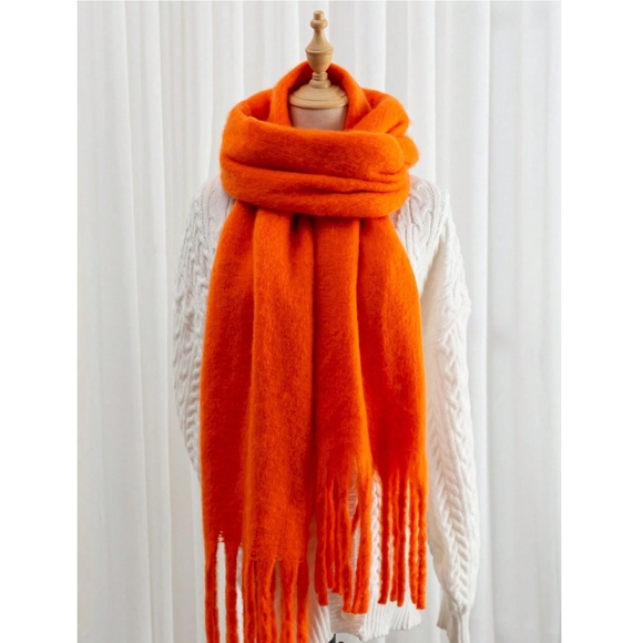 Orange Wide Shawl Scarf With Tassels Fuzzy Knit - Picture 3 of 4